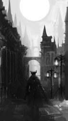 Rule 34 | 1other, ambiguous gender, bloodborne, building, city, coat, facing away, from behind, greyscale, gun, hat, highres, holding, holding gun, holding weapon, hunter (bloodborne), lamppost, long sleeves, monochrome, moon, outdoors, saw, saw cleaver, snowing, tricorne, tripdancer, weapon