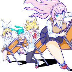 Rule 34 | 1boy, 3girls, aqua hair, blonde hair, blood, blue eyes, blue outline, blush, bow, brown vest, chair, commentary, covering nose, gapinelu, grey skirt, hair bow, hatsune miku, heart, heart-shaped pupils, kagamine len, kagamine rin, light frown, lips, long hair, looking at another, megurine luka, miniskirt, multiple girls, nosebleed, outline, pink hair, pleated skirt, racing, sanpaku, shadow, shirt, shoes, short hair, sitting, sitting backwards, skirt, smile, spiked hair, surprised, symbol-shaped pupils, uwabaki, vest, vocaloid, white background, white bow, white shirt