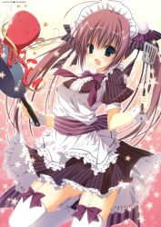 Rule 34 | 1girl, :3, :d, absurdres, blue eyes, dress, fang, frilled dress, frills, frying pan, garter straps, highres, huge filesize, inugami kira, maid, maid headdress, octopus, open mouth, pink hair, smile, spatula, striped clothes, striped dress, thighhighs, twintails, white thighhighs