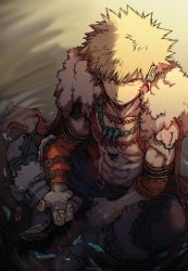 Rule 34 | 10s, 1boy, abs, absurdres, alternate costume, armband, bakugou katsuki, belt, blonde hair, boku no hero academia, boots, cape, character name, closed mouth, earrings, from above, fur trim, groin, highres, indian style, jewelry, lips, looking at viewer, male focus, muscular, partially submerged, red eyes, topless male, sitting, tattoo, water, wet, wet hair, xiao (creation0528)