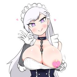 Rule 34 | 1girl, :q, areola slip, azur lane, belfast (azur lane), between breasts, blush, braid, breasts, chain, chain between breasts, cleavage, collar, covered erect nipples, frills, gloves, handjob gesture, head tilt, heart pasties, large breasts, long hair, looking at viewer, madoro, maid, maid headdress, one breast out, pasties, purple eyes, silver hair, simple background, smile, solo, tongue, tongue out, upper body, white background, white gloves
