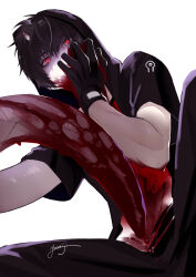 Rule 34 | 1boy, black gloves, black hair, blood, blood on arm, blood on face, copyright request, from below, gloves, glowing, glowing eyes, gradient background, grey background, hair between eyes, highres, hood, hood up, looking at viewer, male focus, monster boy, red eyes, short hair, short sleeves, signature, sitting, solo, white background, yamiji84dp