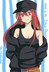 Rule 34 | 10s, 1girl, bad id, bad twitter id, baseball cap, breasts, character name, cleavage, dated, free!, hair down, hat, long hair, matsuoka gou, off shoulder, red eyes, red hair, smile, solo, tank top, wakaji