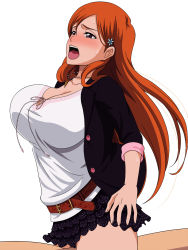 Rule 34 | 1boy, 1girl, bleach, blush, breasts, brown eyes, cleavage, hair ornament, highres, inoue orihime, kh-fullhouse, large breasts, long hair, open mouth, orange hair, sex, tongue