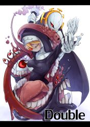 Rule 34 | 1girl, amaneiro, blonde hair, blood, grabbing another&#039;s breast, double (skullgirls), dual persona, covered erect nipples, female focus, grabbing, highres, letterboxed, monster, nun, red eyes, skullgirls, solo, teeth