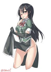 Rule 34 | 10s, 1girl, ;), bad id, bad twitter id, black eyes, black gloves, black hair, blush, bow, bowtie, breasts, chikuma (kancolle), closed mouth, cowboy shot, cropped legs, ebifurya, elbow gloves, gloves, groin, hair between eyes, hand up, highres, inactive account, kantai collection, lifted by self, long hair, looking at viewer, medium breasts, no panties, one eye closed, pelvic curtain, red bow, red bowtie, short sleeves, side slit, simple background, smile, solo, twitter username, white background