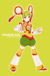 Rule 34 | 10s, 1girl, abe (f!mixture), bad id, bad pixiv id, character name, chinese clothes, detached sleeves, dragon kid, green background, green eyes, green hair, hat, huang baoling, matching hair/eyes, short hair, shorts, simple background, solo, superhero costume, tiger &amp; bunny