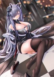 Rule 34 | 1girl, absurdres, august von parseval (azur lane), azur lane, bare shoulders, black dress, black footwear, black ribbon, black thighhighs, blurry, breasts, checkered floor, cleavage, commentary request, cross, cross-laced clothes, depth of field, dress, dutch angle, feet, full body, gloves, hair over one eye, hair ribbon, hand up, high heels, highres, horns, iron cross, kaidou nora-, large breasts, legs, long hair, long sleeves, looking at viewer, mechanical horns, microdress, no shoes, one eye covered, parted lips, purple eyes, purple hair, ribbon, shoes, unworn shoes, sitting, thighhighs, thighs, tile floor, tiles, toes, very long hair, white gloves, yokozuwari