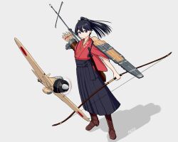 Rule 34 | 1girl, absurdres, adapted costume, aircraft, aircraft request, airplane, black eyes, black hair, black hakama, flight deck, full body, grey background, hakama, highres, houshou (kancolle), japanese clothes, kantai collection, kimono, pink kimono, ponytail, quiver, samusara, shadow, simple background, solo, yumi (bow)