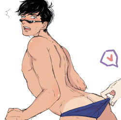 Rule 34 | 10s, artist request, ass, black hair, blue male swimwear, blue swim briefs, blush, butt crack, cowboy shot, from behind, glasses, heart, looking back, male focus, male swimwear, male swimwear pull, matsuno karamatsu, osomatsu-kun, osomatsu-san, pulling another&#039;s clothes, simple background, solo focus, sweat, swim briefs, swim briefs pull, swimsuit, tan, tanline, topless male, white background