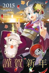 Rule 34 | 10s, 1girl, 2015, :d, blue eyes, fang, fuotchan, happy new year, horns, japanese clothes, kimono, looking at viewer, nengajou, new year, open mouth, original, petals, sheep, sheep horns, short hair, silver hair, smile, sunrise, translation request, v