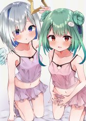 Rule 34 | 2girls, absurdres, alternate costume, amane kanata, angel, angel wings, blue hair, bob cut, breasts, camisole, colored inner hair, double bun, eureka 814, green hair, hair bun, halo, highres, hololive, kneeling, microskirt, mini wings, multicolored hair, multiple girls, navel, pink camisole, pink skirt, purple eyes, red eyes, short hair, sidelocks, silver hair, single hair intake, skirt, small breasts, star halo, uruha rushia, virtual youtuber, wings