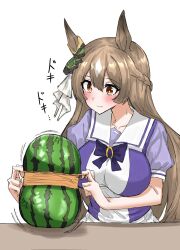 Rule 34 | 1girl, animal ears, breasts, brown eyes, brown hair, closed mouth, collarbone, exploding watermelon challenge, food, fruit, hair between eyes, hair ornament, highres, horse ears, kumiyabe, large breasts, long hair, rubber band, satono diamond (umamusume), school uniform, simple background, solo, sweat, table, tracen school uniform, translation request, umamusume, watermelon, white background