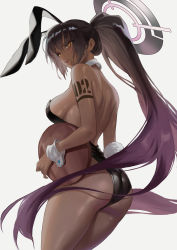 Rule 34 | absurdres, animal ears, ass, bare back, bare legs, bare shoulders, black hair, black leotard, blue archive, breasts, curvy, dark-skinned female, dark skin, fake animal ears, from behind, halo, highleg, highleg leotard, highres, huge ass, jinbin825, karin (blue archive), karin (bunny) (blue archive), leotard, long hair, looking at viewer, looking back, playboy bunny, ponytail, rabbit ears, rabbit tail, shiny clothes, shiny skin, shoulder tattoo, sideboob, skindentation, sleeve cuffs, solo, tail, tattoo, thighs, very long hair, wide hips