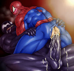 Rule 34 | 2boys, abs, anal, bara, clothed sex, cum, cumdrip, huge penis, looking at viewer, male focus, male penetrated, marvel, multiple boys, muscular, pectorals, penis, rokudenashi, sex, size difference, spider-man, spider-man (series), tagme, testicles, torn clothes, venom (marvel), yaoi