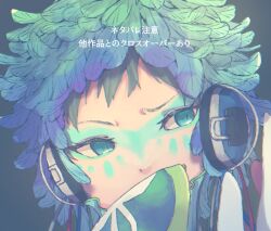 Rule 34 | 1other, androgynous, blue eyes, facepaint, facial mark, feathers, forehead mark, gnosia, green hair, headphones, long sleeves, looking at viewer, machiya (pixiv30484953), makeup, other focus, raqio, short hair, solo, tattoo, translation request, upper body