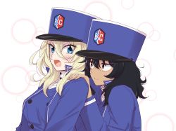Rule 34 | 10s, 2girls, andou (girls und panzer), angry, bc freedom military uniform, black hair, blonde hair, blue eyes, blue hat, blue jacket, blue vest, blush, brown eyes, circle, closed mouth, dark-skinned female, dark skin, dress shirt, from side, frown, girls und panzer, hands on another&#039;s shoulders, hat, high collar, highres, inumoto, jacket, long sleeves, looking at another, looking back, medium hair, military, military hat, military uniform, multiple girls, open mouth, oshida (girls und panzer), shako cap, shirt, smile, standing, uniform, upper body, v-shaped eyebrows, vest, white shirt, yuri