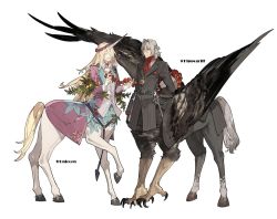 Rule 34 | 2boys, arm behind back, ascot, bird wings, black gloves, black jacket, blonde hair, bouquet, breast pocket, brown feathers, brown wings, centaur, centauroid, chinese commentary, closed eyes, closed mouth, collared jacket, collared shirt, fang, feathered wings, feathers, flower, formal, full body, gloves, grey hair, griffin, griffin boy, hair between eyes, hair over one eye, hands up, head wreath, holding, holding bouquet, holding flower, hooves, horns, horse tail, jacket, long hair, long sleeves, looking at another, male focus, monster boy, multiple boys, musical note, open mouth, original, pink jacket, pink suit, pocket, red ascot, red eyes, red flower, shirt, short hair, simple background, single horn, skin fang, standing, starshadowmagician, striped suit, suit, suit jacket, tail, talons, taur, unicorn boy, very long hair, white background, white shirt, wings