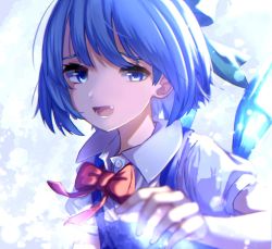 Rule 34 | 1girl, blue background, blue bow, blue dress, blue eyes, blue hair, bow, buttons, cirno, collar, dress, hand up, highres, ice, ice wings, light, looking at viewer, mozuno (mozya 7), puffy short sleeves, puffy sleeves, red bow, red neckwear, shadow, shirt, short hair, short sleeves, solo, touhou, white background, white shirt, white sleeves, wings