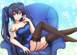 Rule 34 | 10s, 1girl, :d, alcohol, armchair, bare shoulders, black hair, black thighhighs, blue background, blue dress, blue ribbon, blush, breasts, chair, cleavage, cup, dress, drinking glass, drunk, fang, floral background, garter straps, hair between eyes, hair ribbon, kazenokaze, long hair, looking at viewer, neptune (series), noire (neptunia), nose blush, off shoulder, open mouth, red eyes, ribbon, sah, sash, shiny skin, simple background, sitting, smile, solo, strap slip, thighhighs, thighs, tiara, twintails, very long hair, wine, wine glass