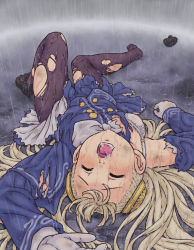 Rule 34 | 1girl, beaten, blonde hair, blood, blush, bra, capcom, capcom fighting jam, closed eyes, defeat, dress, feet, flat chest, game over, gloves, hairpods, ingrid (capcom), injury, lingerie, long hair, lying, mary janes, on back, open mouth, outdoors, pantyhose, rain, ryona, shima kujira, shoes, single shoe, solo, tears, tongue, torn clothes, torn pantyhose, underwear, white hair