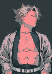 Rule 34 | 1boy, abs, belt, colored skin, grey background, highres, kimetsu no yaiba, long sleeves, male focus, open clothes, pectorals, red skin, rzvuvm, scar, scar on chest, scar on face, scar on forehead, scar on nose, shinazugawa sanemi, short hair, simple background, white hair
