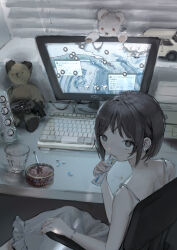 Rule 34 | 1girl, absurdres, benikusochan, black hair, chair, computer, cup, dress, from behind, grey eyes, gun, highres, indoors, keyboard (computer), looking at viewer, looking back, muted color, original, pill, short hair, solo, stuffed animal, stuffed toy, teddy bear, weapon, white dress, window, window blinds