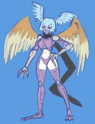 Rule 34 | 1girl, artist request, blue background, digimon, full body, hand on own hip, harpy, highres, looking at viewer, mask, monster girl, short hair, shutumon, solo, standing, thong, wide hips, wings