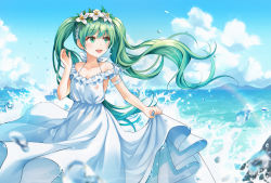 Rule 34 | 1girl, :d, arm strap, bad id, bad pixiv id, blue sky, blurry, blurry background, breasts, cleavage, cloud, collared jacket, day, dotz, dress, floating hair, flower, green eyes, green hair, hair flower, hair ornament, hatsune miku, head wreath, highres, jacket, long dress, long hair, ocean, open mouth, outdoors, rainbow, sideboob, skirt hold, sky, sleeveless, sleeveless dress, small breasts, smile, solo, sparkle, standing, sundress, twintails, very long hair, vocaloid, white dress, white flower