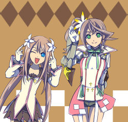Rule 34 | 10s, 2girls, alisha diphda, argyle, argyle background, argyle clothes, armor, belt, blue eyes, breasts, brown background, brown hair, detached sleeves, flower, gloves, green eyes, hair ornament, jacket, long hair, marta lualdi, multiple girls, one eye closed, open mouth, ribbon, short shorts, shorts, side ponytail, simple background, skirt, smile, tales of (series), tales of symphonia, tales of symphonia: dawn of the new world, tales of zestiria, thighhighs, wink