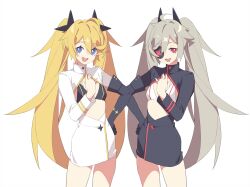 Rule 34 | 2girls, absurdres, blonde hair, blue eyes, clear (djmax), djmax, eyepatch, fail (djmax), flat chest, grey hair, hair ornament, highres, long hair, mamo c, multiple girls, non-web source, red eyes, simple background, smile, standing, twintails, white background