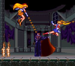 16-bit 16bit 1boy 2girls aino_minako bad_tag bishoujo_senshi_sailor_moon blonde_hair blue_eyes boss_fight castlevania_(series) crossover dracula_(castlevania) fan_made fire game_console konami multiple_girls red_eyes sailor_moon sailor_venus snes super_castlevania_iv super_nintendo tsukino_usagi vampire