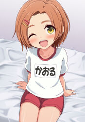 Rule 34 | 1girl, blush, character name, collarbone, commentary request, gym shirt, gym shorts, gym uniform, hair ornament, hairclip, highres, idolmaster, idolmaster cinderella girls, looking at viewer, name tag, one eye closed, open mouth, orange hair, paid reward available, pc fworks, puffy short sleeves, puffy sleeves, red shorts, ryuzaki kaoru, shirt, short hair, short shorts, short sleeves, shorts, sitting, solo, teeth, translated, upper teeth only, variant set, white shirt, yellow eyes