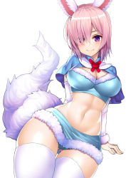 Rule 34 | 1girl, animal ears, arm support, blue panties, blush, breasts, capelet, cleavage, closed mouth, contrapposto, cosplay, cowboy shot, curvy, detached sleeves, eyes visible through hair, fate/grand order, fate (series), fou (fate), fou (fate) (cosplay), fur trim, hair over one eye, highres, large breasts, light purple hair, looking at viewer, mash kyrielight, midriff, miniskirt, nano (syoutamho), navel, official alternate costume, panties, pink hair, purple eyes, short hair, simple background, skirt, smile, solo, standing, tail, thick thighs, thighhighs, thighs, underwear, white background, white thighhighs, wide hips