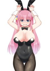 Rule 34 | 1girl, animal ears, armpits, arms up, bare shoulders, black leotard, blue eyes, blush, bocchi the rock!, bow, bowtie, breasts, breasts apart, cleavage, covered navel, cowboy shot, cube hair ornament, detached collar, dot nose, fake animal ears, fishnet pantyhose, fishnets, gotoh hitori, hair between eyes, hair ornament, highleg, highleg leotard, highres, large breasts, legs together, leotard, long hair, looking at viewer, naradakou, open mouth, pantyhose, pink hair, playboy bunny, rabbit ears, rabbit pose, side ahoge, simple background, smile, solo, standing, strapless, strapless leotard, thigh gap, traditional bowtie, wavy mouth, white background, wrist cuffs