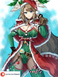 Rule 34 | 1girl, alternate costume, asymmetrical bangs, bell, belt, black belt, black choker, black gloves, blue eyes, blue pupils, breast tattoo, breasts, brown hair, capelet, choker, christmas, cleavage, coat, commentary, earrings, elbow gloves, english commentary, eunie (xenoblade), fgsketch, fingerless gloves, fur-trimmed coat, fur trim, gloves, green gloves, green leotard, green thighhighs, hand on own hip, hat, head wings, highres, jewelry, large breasts, leotard, neck bell, paid reward available, pantyhose, red capelet, red coat, santa costume, santa hat, snowflake earrings, solo, tattoo, thighhighs, thighhighs over pantyhose, white wings, wings, xenoblade chronicles (series), xenoblade chronicles 3