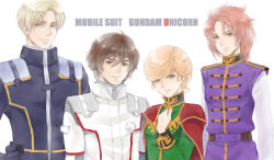 2boys 2girls banagher_links blonde_hair blue_eyes brown_eyes brown_hair cape commentary_request earth_federation_space_forces english_text green_eyes gundam gundam_unicorn happy highres looking_at_viewer marida_cruz mecha_pilot_suit military_uniform mineva_lao_zabi multiple_boys multiple_girls neo_zeon orange_hair riddhe_marcenas science_fiction size_difference takeda_yuuko title upper_body white_background