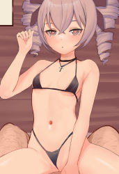 Rule 34 | 1boy, 1girl, absurdres, bare shoulders, bikini, blush, breasts, bronya zaychik, cross, cross necklace, drill hair, frontal wedgie, gree4, grey eyes, grey hair, hair between eyes, heart, heart-shaped pupils, hetero, highres, honkai (series), honkai impact 3rd, jewelry, long hair, looking at viewer, micro bikini, necklace, parted lips, partially visible vulva, small breasts, straddling, swimsuit, symbol-shaped pupils, twin drills