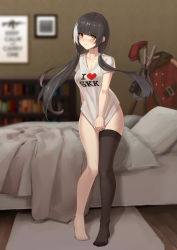 Rule 34 | 1girl, absurdres, bed, black hair, black thighhighs, blurry, blurry background, blush, breasts, clothes writing, commission, female focus, full body, girls&#039; frontline, heart, heterochromia, highres, indoors, jewelry, large breasts, long hair, looking at viewer, low twintails, multicolored hair, no pants, no shoes, pixiv commission, red eyes, ring, ro635 (girls&#039; frontline), shirt, short sleeves, single thighhigh, solo, standing, streaked hair, super hellrat, thighhighs, thighs, twintails, wedding band, white hair, white shirt, yellow eyes