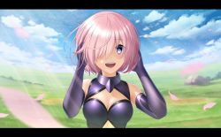 Rule 34 | 1girl, :d, absurdres, black border, blurry, blurry foreground, border, breasts, cleavage, cleavage cutout, clothing cutout, day, elbow gloves, fate/grand order, fate (series), gloves, hair over one eye, hands in hair, highres, letterboxed, mash kyrielight, medium breasts, nyanmaru, open mouth, outdoors, pink hair, purple eyes, purple gloves, short hair, smile, solo, sunlight, upper body