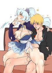 Rule 34 | 1boy, 1girl, blonde hair, blue eyes, blush, grabbing another&#039;s breast, breasts, dress, closed eyes, fakeryway, grabbing, hetero, highres, jaune arc, large breasts, long hair, nipples, penis, pussy, reverse cowgirl position, rwby, sex, sex from behind, short hair, sitting, straddling, sweat, testicles, thighs, uncensored, vaginal, weiss schnee, white hair