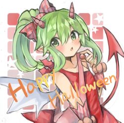 Rule 34 | 1girl, :o, blush, bow, delaware3850, demon tail, fire emblem, fire emblem: mystery of the emblem, fire emblem heroes, green eyes, grey wings, hair between eyes, hair bow, happy halloween, highres, horns, light green hair, long hair, multicolored wings, nintendo, official alternate costume, open mouth, pink horns, pointy ears, red tail, sidelocks, solo, star (symbol), striped, striped bow, tail, tiki (fire emblem), tiki (young) (fire emblem), tiki (young) (halloween) (fire emblem), two-tone wings, white wings, wings