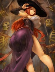 Rule 34 | 1girl, ass, bare shoulders, breasts, brown hair, dragon&#039;s crown, dress, fingernails, hat, huge ass, huge breasts, kazo (kazozakazo), leaning, leaning forward, long hair, looking at viewer, red eyes, shiny skin, skeleton, smile, solo, sorceress (dragon&#039;s crown), strapless, strapless dress, witch hat