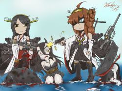 Rule 34 | 10s, ahoge, bare shoulders, battleship princess, blood, bloodycat, boots, broken horn, bullet hole, chibi, death, detached sleeves, double bun, execution, gun, hairband, haruna (kancolle), headgear, headshot, highres, horns, japanese clothes, kantai collection, kongou (kancolle), long hair, multiple girls, nontraditional miko, ribbon-trimmed sleeves, ribbon trim, rifle, ryona, shell casing, thigh boots, thighhighs, weapon, wo-class aircraft carrier
