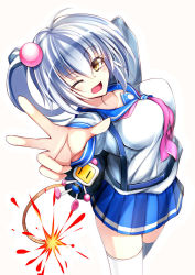 Rule 34 | 1girl, ;d, arm up, blue sailor collar, blue skirt, bombergirl, bomberman, breasts, fuse, fuse tail, hair between eyes, lit fuse, long sleeves, medium breasts, miniskirt, neckerchief, omochishiki, one eye closed, one side up, open mouth, orange tail, outstretched arm, pink neckerchief, pleated skirt, sailor collar, school uniform, serafuku, shiro (bombergirl), shirt, simple background, single horizontal stripe, skirt, smile, tail, thighhighs, white background, white bomberman, white hair, white shirt, white thighhighs, yellow eyes, zettai ryouiki