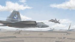 Rule 34 | absurdres, ace combat, ace combat 04, ace combat 7: skies unknown, aircraft, airplane, blue sky, building, cannon, cloud, commentary, contrail, crane (machine), emblem, f-22 raptor, fighter jet, highres, hill, isaf, jet, kevincipher, magnetic weapon, military, military vehicle, missile, mobius 1, mobius strip, railgun, sky, stonehenge (ace combat), structure, trigger (ace combat), vehicle focus