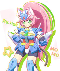 Rule 34 | 1girl, alternate breast size, animal ear fluff, animal ears, bike shorts, breasts, cat ears, cat tail, character name, clenched hand, cosplay, earthree gundam, earthree gundam (cosplay), fingerless gloves, gloves, green eyes, gundam, gundam build divers, gundam build divers re:rise, hand on own hip, hands on own hips, large breasts, long hair, mecha musume, meikuu (t070299), momo (gundam build divers), pink hair, ponytail, solo, tail, v-fin, very long hair, yashiro momoka
