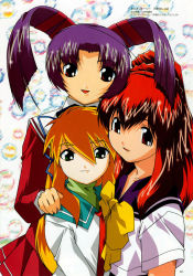 Rule 34 | 00s, 3girls, :d, alternate hairstyle, blazer, bow, flat chest, green eyes, hair bun, hair ribbon, hand on another&#039;s shoulder, jacket, kingyo no ran, kitsune no akane, kobayashi takashi, light smile, long hair, long sleeves, looking at viewer, multiple girls, neckerchief, official art, open mouth, orange hair, page number, pleated skirt, ponytail, purple hair, red eyes, red hair, ribbon, school uniform, serafuku, shirt, short sleeves, single hair bun, skirt, smile, sparkle, tenshi no shippo, turtleneck, twintails, upper body, usagi no mika, very long hair