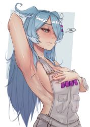 Rule 34 | 1girl, arm up, armpits, blue eyes, blue hair, blush, breasts, cleavage, elira pendora, embarrassed, hair over one eye, hand on own chest, head wings, highres, large breasts, long hair, myth1carts, naked overalls, nijisanji, nijisanji en, off shoulder, overalls, presenting armpit, solo, virtual youtuber, wings