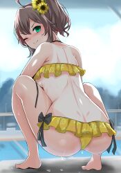 Rule 34 | 1girl, absurdres, ahoge, ass, backboob, bikini, breasts, brown hair, butt crack, flower, frilled bikini, frills, from behind, green eyes, hair flower, hair ornament, highres, hololive, long hair, looking at viewer, looking back, natsuiro matsuri, natsuiro matsuri (hololive summer 2019), nonoririn, one-piece tan, one eye closed, ponytail, small breasts, solo, squatting, sunflower, swimsuit, tan, tanline, virtual youtuber, yellow bikini